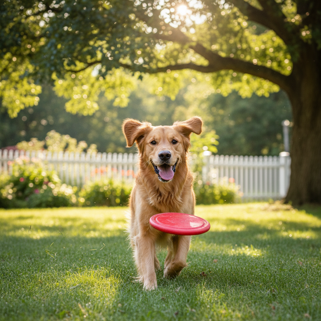 Happy energetic dog running in backyard